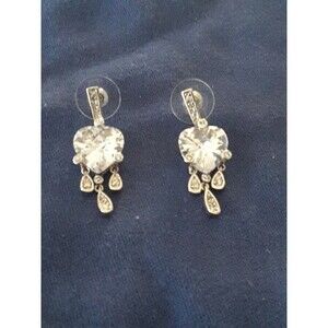 Heart Crystal Earrings Silver Tone Dangle/Drop Pierced Bridal wedding love